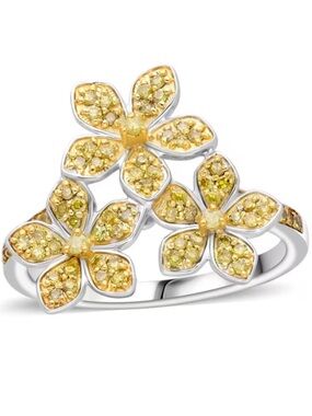 Yellow Diamond Floral Ring in Platinum Over Sterling Silver